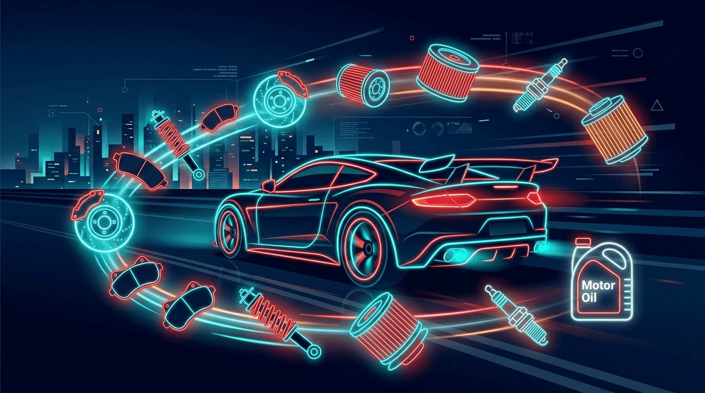 Спортивный автомобиль и запчасти в неоновом стиле